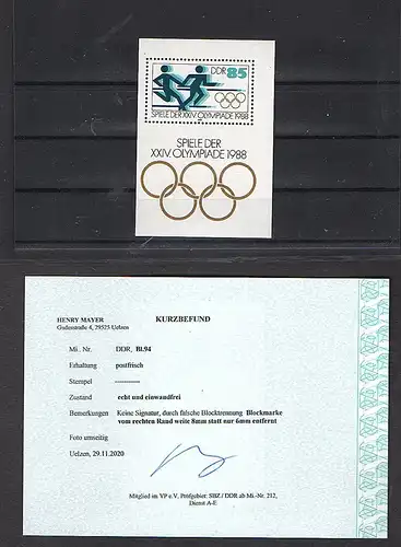 DDR. Mi.-Nr.BI 94 postfrisch Verschnitt/Falsche Blocktrennung, Kurzbefund Mayer.