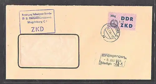 DDR. ZKD-Dienslaufkontrollzettel Mi.-Nr. 55 III EF. auf Brief.