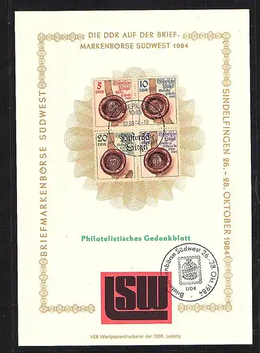DDR - Gedenkblatt, Briefmarkenbörse Südwest 1984, B11-1984