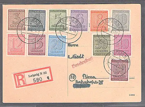 SBZ-West Sachsen, R-Fernkarte mit komplette Satz Mi.-Nr. 128-137 X