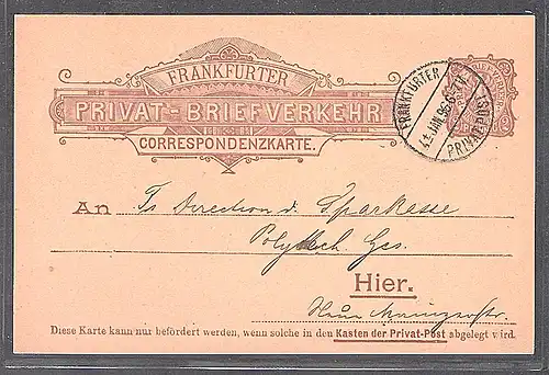 Privatpost, Frankfurter-Briefverkehr  2 Pf., Ganzsache 1896, gestempelt