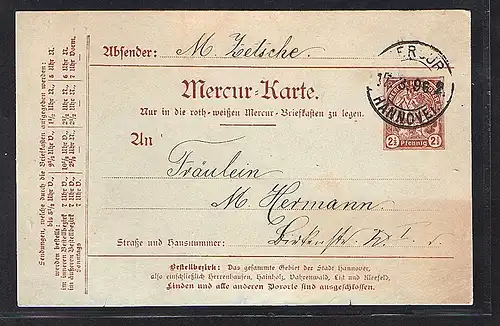 Privatpost, Mercur Hannover  2,5 Pf., Ganzsache 1896, gestempelt