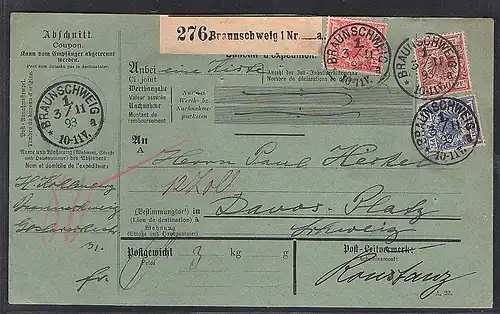 DR., Ausland-Paketkarte mit 3 Farben Mi.F. Mi.-Nr.45 + 48 + 50