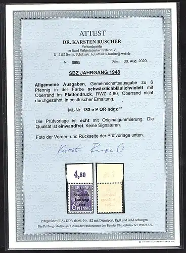 SBZ Mi.-Nr.183 e Platte OR. ndg. postfrisch FA. DR. Ruscher