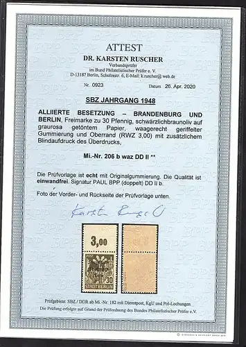 SBZ- 1948, Mi.-Nr.206 b waz DD II mit OR, postfrisch, FA.  RuscherBPP