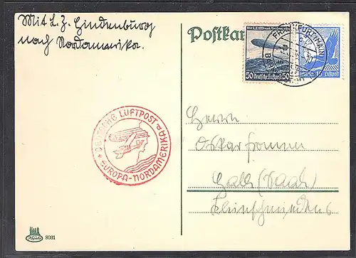 DR., Zeppelin-Karte, Nordamerikafahrt mit MiF. Mi.-Nr. 531 y + 606