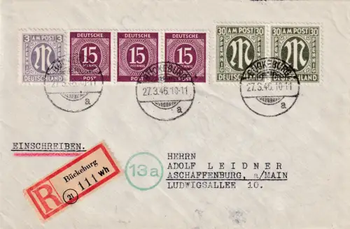 Bizone, AM Post R-Fernbrief mit MiF Mi.-Nr.  17Ba + 2x 29Ca u.a.