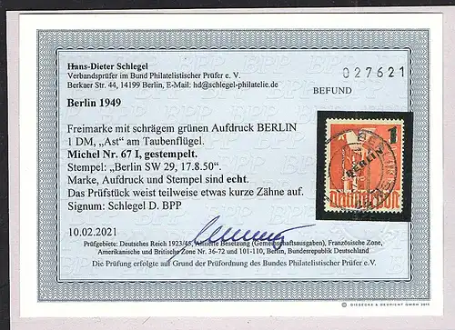 Berlin Mi.-Nr. 67 I gestempelt, Befund  SchlegelBPP.