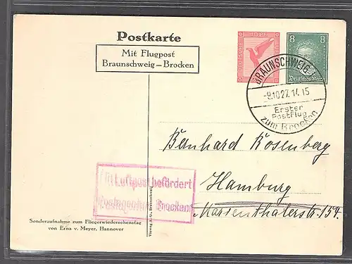 DR., Flugpost-Karte Braunschweig-Brocken, PP92-C1/01, gestempelt.