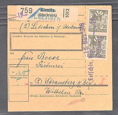 SBZ, Mi.-Nr.7 Aa wbz MeF. auf Paketkarte mit Not-Stempel Letschin.