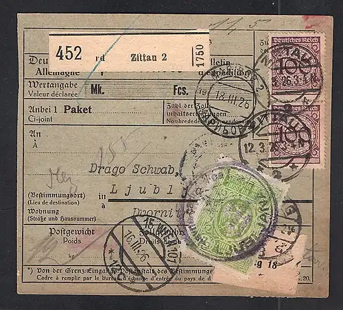 DR., Ausland-Paketkarte nach  Ljubljana mit Lagergebühr Marken