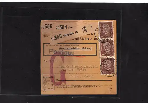 DR., Paketkarte für 3 Pakete/Postgut mit MeF. Mi.-Nr. 421