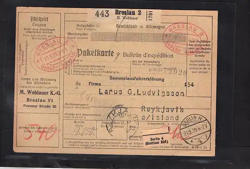 DR., Ausland-Paketkarte mit Gebühr bezahlt aus Breslau