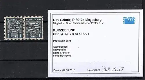 SBZ.,Provin Sachsen  Mi-Nr. 2 x 73 gestempelt mit POL, KB. SchuldBPP.