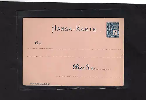 Privatpost, Hansa Berlin 2 Pf Ganzsache Karte, ungebraucht.