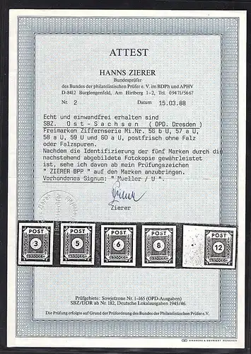 SBZ-Ostsachsen, Mi.-Nr. 56 b u, 57 a u, 58 a u, 59 u, 60 a u post., FA. Zierer.