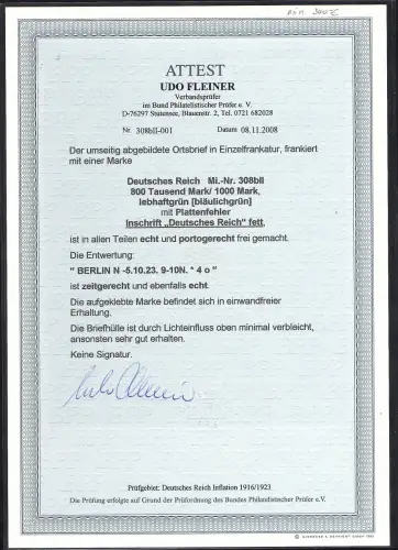 DR. EF. Mi.-Nr. 308 b mit PF. II, FA. Fleiner