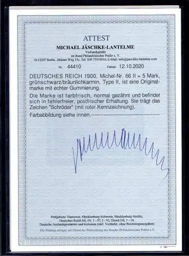 DR. 1900 Mi.-Nr. 66 II postfrisch, FA. Jäschke-L.