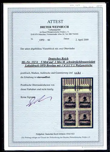 DR, Mi.-Nr. 332 b mit WOR OPD Breslau. 1´4´1/1´5´1, postfrisch, FA. TworekBPP,