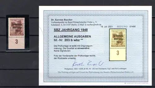 SBZ Mi.-Nr. 203 b wbz von Unterrand  postfrisch, Befund. DR. Ruscher