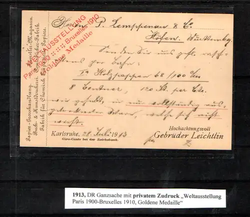 DR. Ganzsache mit privatem Zudruck "Weltausstellung Paris 1900-Bruxelles 1910".