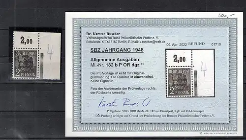 SBZ.,  Mi.-Nr.182 b P OR dgz. postfrisch, Befund Dr. RuscherBPP.
