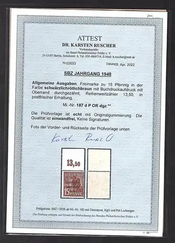 SBZ.,  Mi.-Nr.187 d P OR dgz. postfrisch, FA. Dr. RuscherBPP.