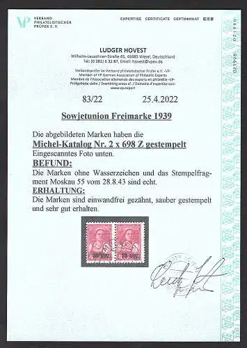 Sowjetunion, Doppeltstück Mi.-Nr. 698 Z gestempelt, FA. Hovest.