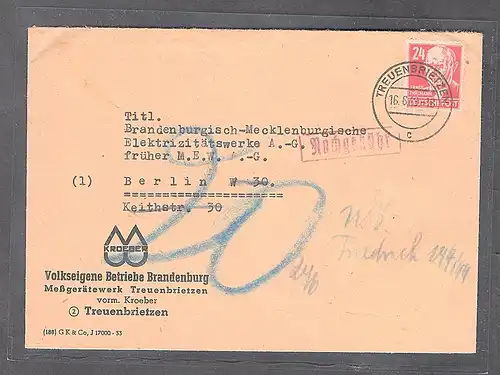 Postkrieg, Fernbrief mit EF. 222 nach W-Berlin Elektrizitätwerke mit Nachgebühr.