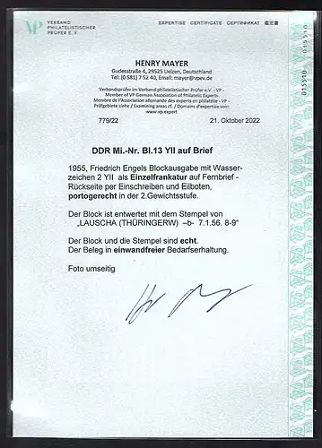 DDR.  R-Eilbote-Fernbrief mit EF. Mi.-Nr. Block 13, mit Ak-St., FA. Mayer