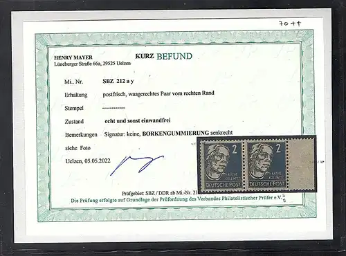 SBZ., Mi.-Nr. 212 ay postfrisch waagerechtes Paar, Befund Mayer