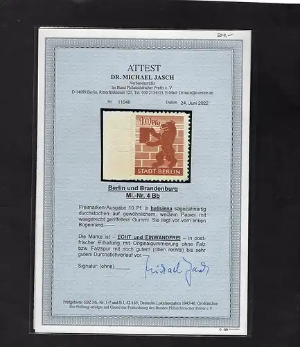  SBZ, Berlin und Brandenburg., Mi.-Nr. 4 Bb  postfrisch, FA. Dr. JaschBPP.