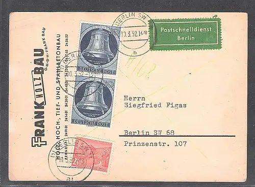 Berlin, Postschnelldienst-Karte  mit Mi.-Nr. 2x85 und 49