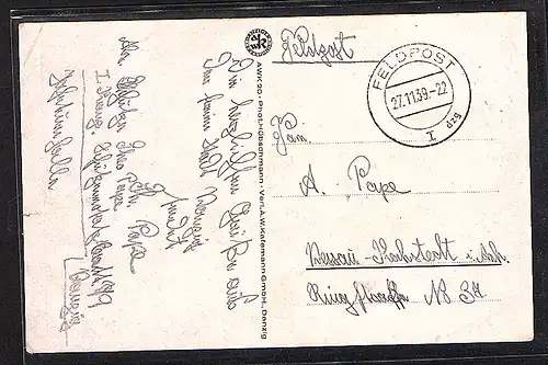 Danzig, Feldpostkarte von 27.11.39  Stempel Type a/1