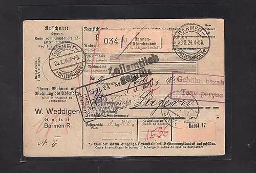 DR., Ausland-Paketkarte mit Gebühr bezahlt aus Barmen.Rittershausen/Selbstbucher