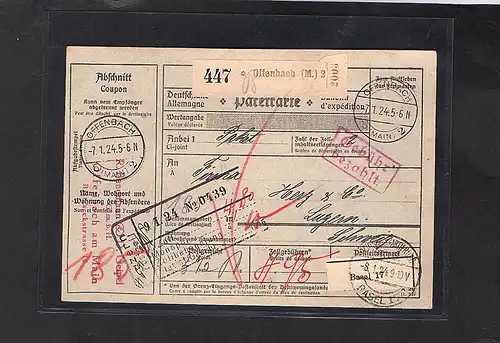 DR., Ausland-Paketkarte mit Gebühr bezahlt aus Barmen.Offenbach/Selbstbucher