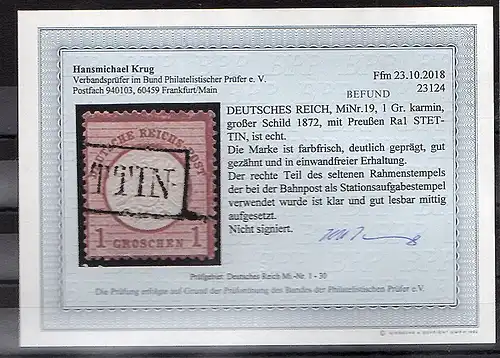 DR. Mi.-Nr.19 mit seltenem Rahmenst. Stettin  gestempelt Befund KrugBPP