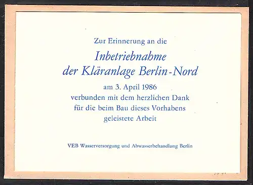 DDR - Gedenkblatt,Inbetriebnahme der Kläranlage berlin-nord, C1-1986