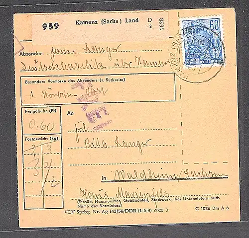 DDR. EF. Mi.-Nr. 420 auf Paketkarte