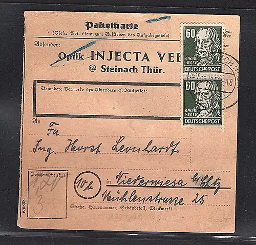 SBZ, Mi.-Nr. 225 MeF auf Paketkarte.