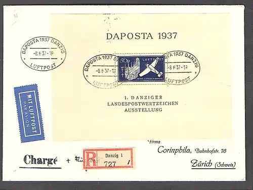 Danzig, R-Ausland-Luftpost-Brief mit MiF, Mi.-Nr. Block 2a, sign. gruberBPP.