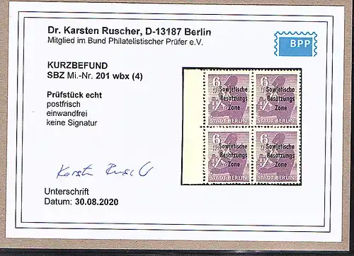 SBZ Mi.-Nr.201 wbx 4er Block,  postfrisch, KB. DR. Ruscher