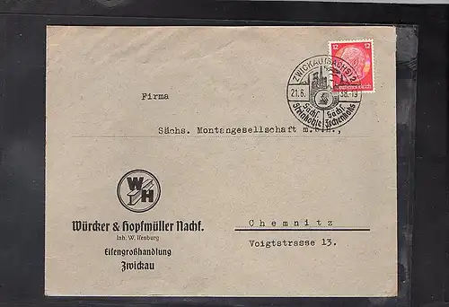 DR. Reklame-Brief, Eisengroßhandlung, Wücker & Hopfmüller nachf., Zwickau.