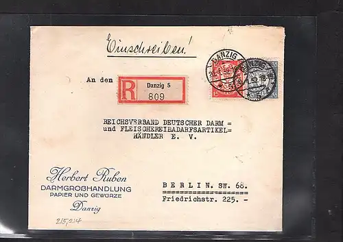 Danzig, Firmen-R-Fernbrief mit MiF. . Mi.-Nr. 214+215