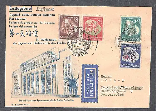 DDR. FDC. Mi.-Nr. 289-92 gelaufen mit Luftpost nach Österreich.