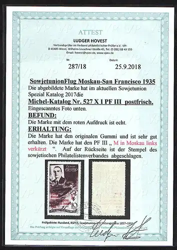 SU. Flug Moskau-SF 1935, Mi-Nr. 527 X I mit PF. III, postfrisch, FA. Hovest