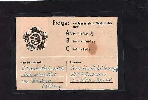  DDR Spendenmarke 1 auf Formular gestempelt, Mi. 90 €.