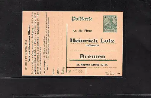 DR. Ganzsache mit priv, Zudruck, H. Lotz, Bremen ungebraucht.