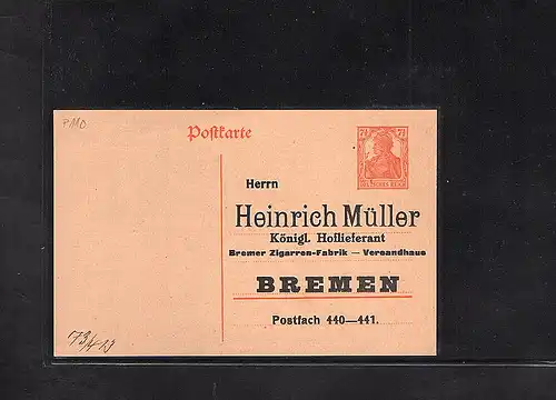 DR. Ganzsache mit priv, Zudruck, H. Müller, Bremen ungebraucht.