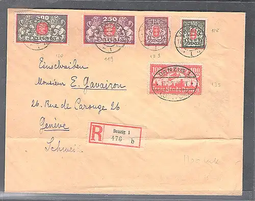 Danzig, R-Auslandbrief mit Mi.-Nr 119-120, 128-129, 135